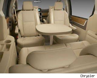 Throw down a white tablecloth, a bottle of wine and a couple of filets and you've got one heck of a fine meal ... in your minivan. While Chrysler has dropped the feature from its latest Town& Country minivan, the previous generation featured the quirky Swivel 'n Go picnic table package, which allowed the second row to swivel and face the back and mount a table between those seats and the third row. Having this allows for games, work and, yes, fine dining if you're so inclined. And assuming the meal goes well, you and your date could be moving on to our next use for the minivan ... Research the Chrysler Town & Country Chrysler Town & Country Photos & Information Chrysler Town & Country Specs Chrysler Town & Country Local Dealer Price Quote