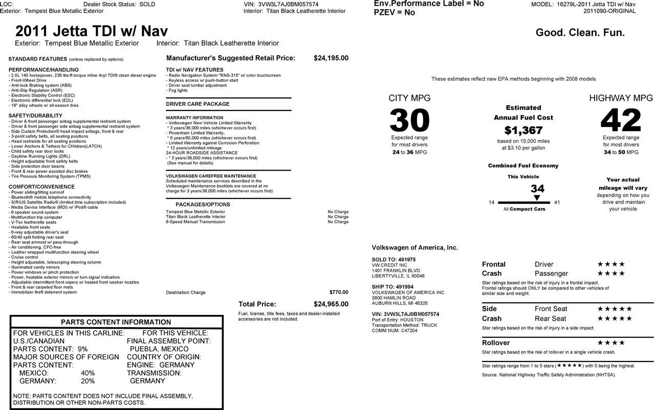 2011 Volkswagen Jetta TDI monroney (window sticker)