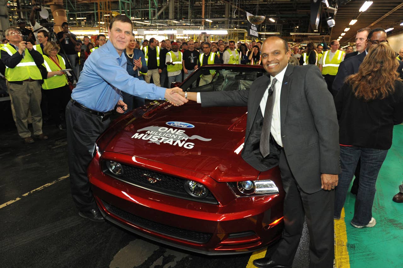 Flat Rock, Mi. Flat Rock Assembly Plant’s most senior Ford employee, Ed Salina, drives the 1 millionth Mustang off the line with Raj Nair, group vice president for product development at the Flat Rock Assembly Plant. (04/17/2013)