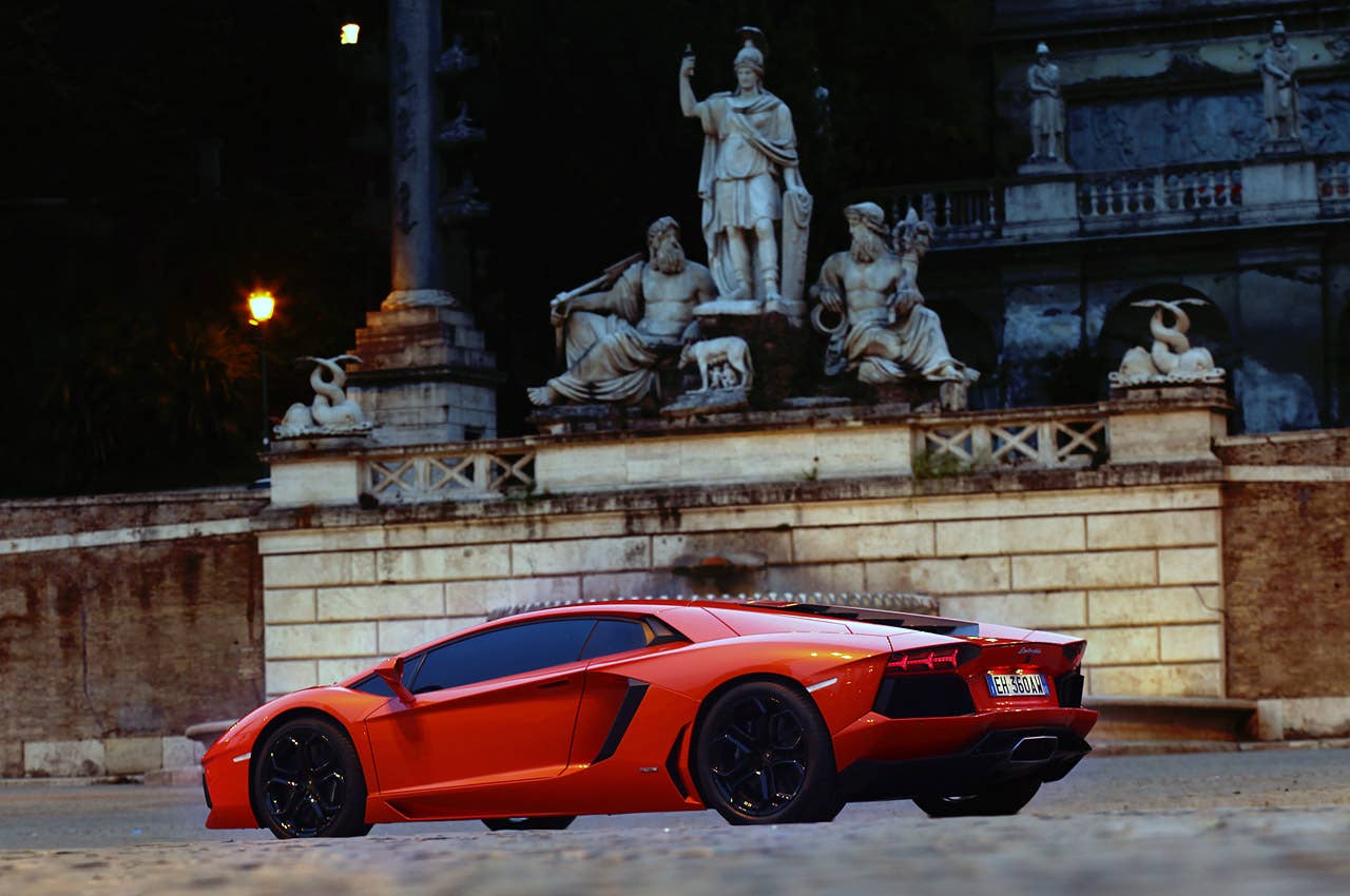 2012 Lamborghini Aventador LP700-4 rear 3/4 view