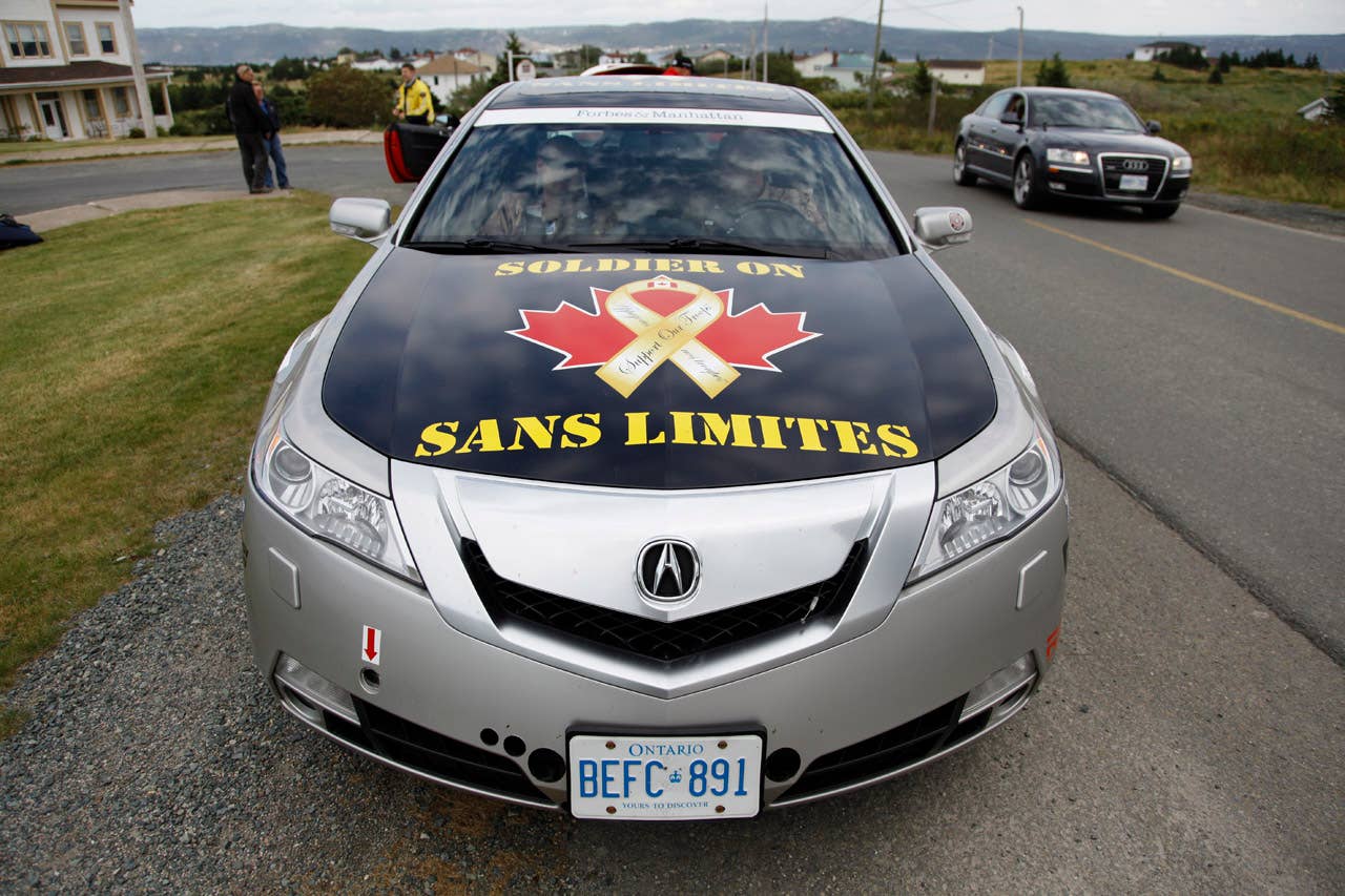 Soldier On Sans Limits Acura TL at the 2011 Targa Newfoundland practice on Bell Island.