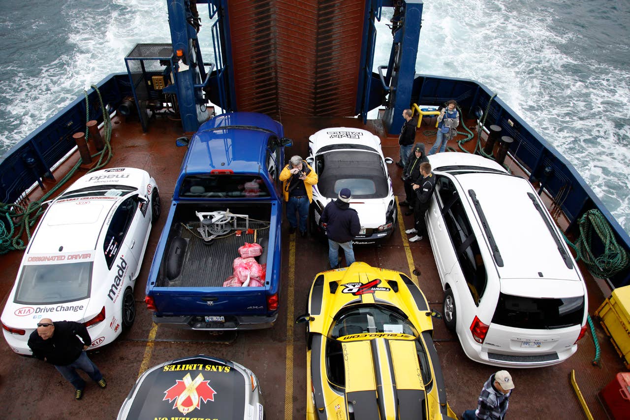 Targa Newfoundland competitors on the ferry to Bell Island