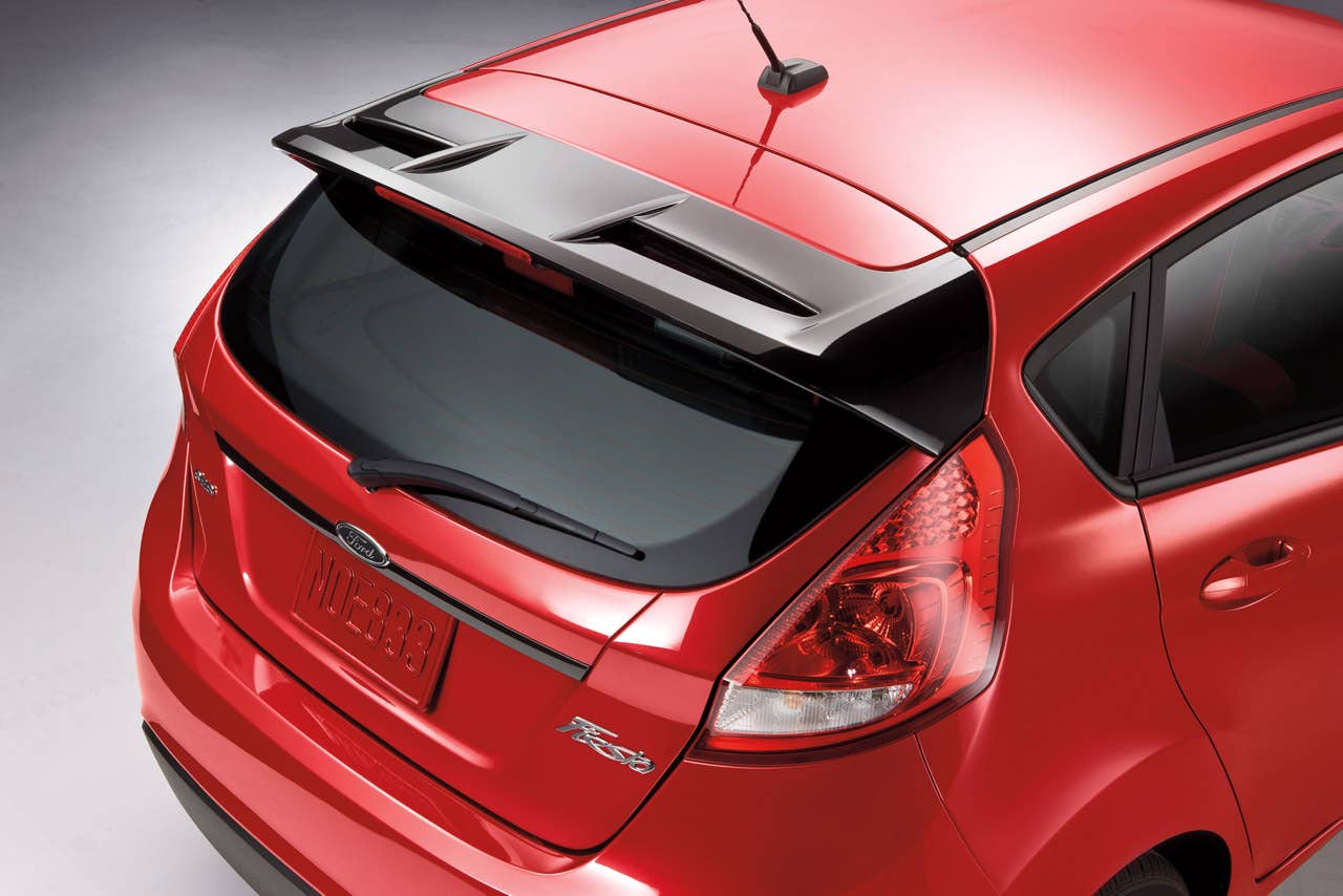 Ford Fiesta launches three new personalization packages for 2012, including two interior packages and one exterior package offering customers the ultimate in customization.  Shown here is the new premium sport appearance exterior package, inspired by the European Ford Focus RS, it offers customers race-inspired blacked-out accessories, along with a sportier performance. (03/23/2011)