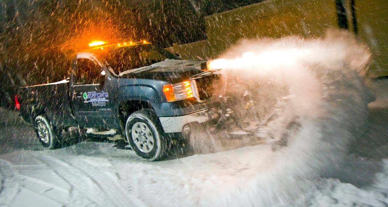 Only the GMC Sierra HD pickup offers the flexibility of an adjustable torsion bar front suspension and the industrys most-comprehensive plow prep package. All four-wheel-drive Sierra HD pickups are rated to handle commercial-size straight and V-type plows. Sierra 1500 models are recommended for use with personal straight blade plows up to 7.5 feet wide. The crew of Jams Lawn Care uses GMC Sierra HD pickup trucks to push snow from a winter storm Friday, January 13, 2012 in Bangor, Maine. (Photo by Carl D. Walsh for GMC)
