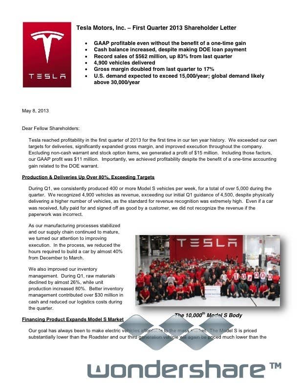 Tesla Motors, Inc. – First Quarter 2013 Shareholder Letter