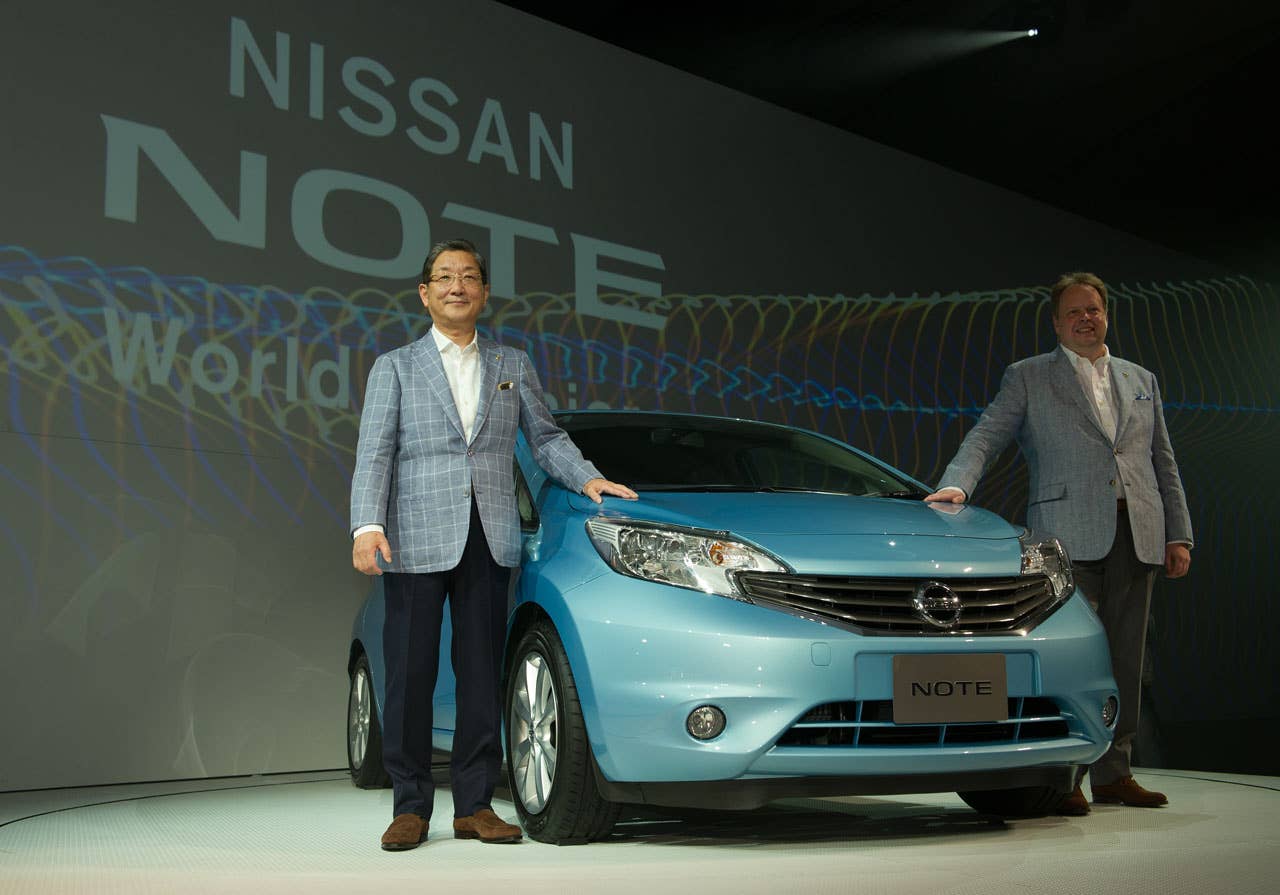 COO Toshiyuki Shiga and EVP Andy Palmer stand next to the New Nissan Note in Yokohama