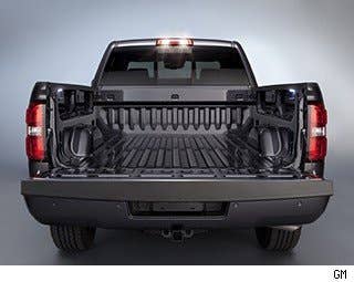The beds in both the Silverado and Sierra feature an easy to open and close tailgate.  The tailgate uses a internal torsion bar that winds up as the gate is lowered. This makes it possible to lower or lift the gate with two fingers. Furthmore, the tailgate no longer slams down, instead, it gently lowers itself.  GM has added optional LED lights under the bed rails as well, which will make it easier to see things in the bed. There are also tie down bolts in all four corners.  Beds will come in three sizes: 5-foot-8; 6-foot-6; or 8-feet.  GM will also offer a bumper step on the Sierra and Silverado. This step, on each end of the rear bumper, called CornerStep, allows a person to stick their foot in the bumper and step gently into the vehicle.