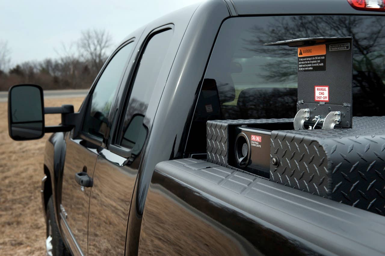 The 2013 bi-fuel Chevrolet Silverado HD includes a compressed natural gas (CNG) capable engine that seamlessly transitions between CNG and gas fuel systems. Combined, the truck offers a range of more than 650 miles. (Photo by James Fassinger for Chevrolet)