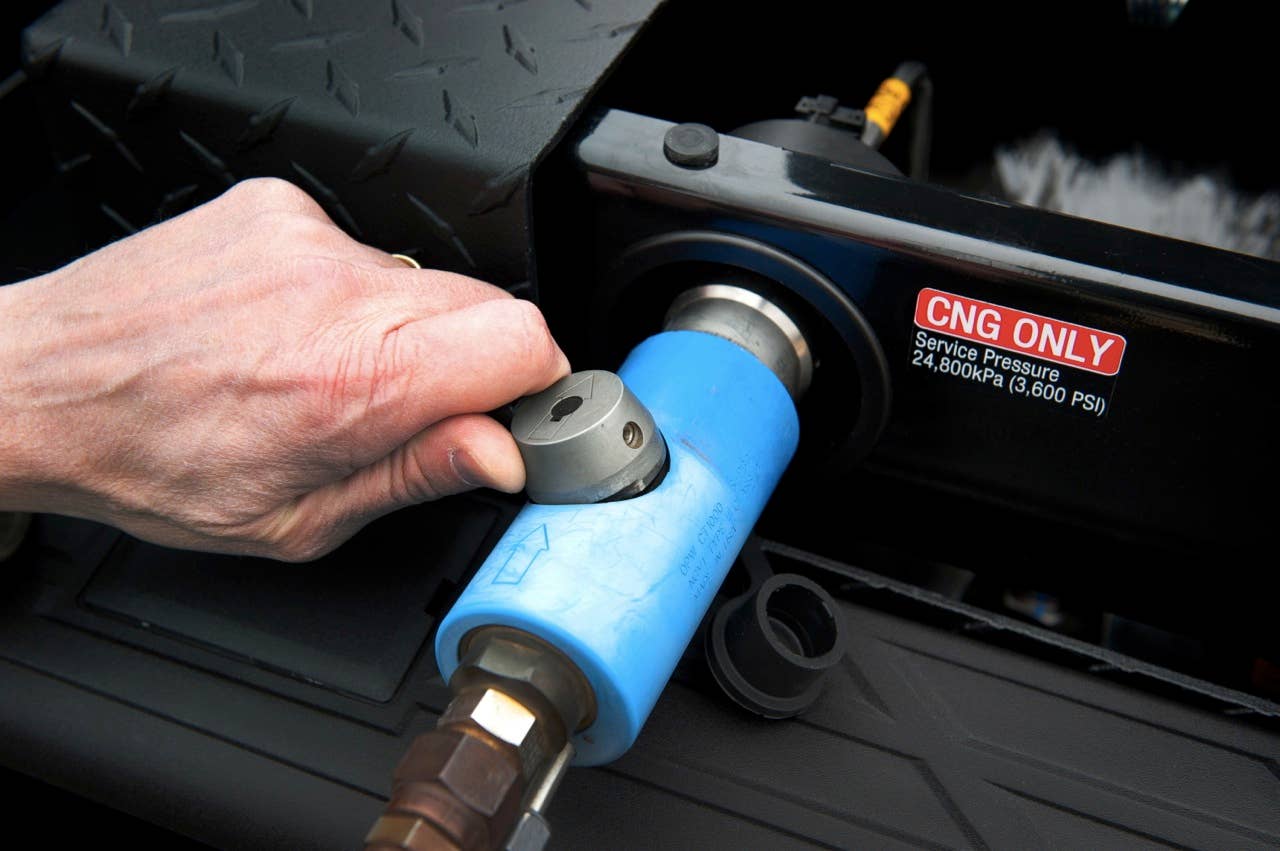 The 2013 bi-fuel Chevrolet Silverado HD includes a compressed natural gas (CNG) capable engine that seamlessly transitions between CNG and gas fuel systems. Combined, the truck offers a range of more than 650 miles. (Photo by James Fassinger for Chevrolet)