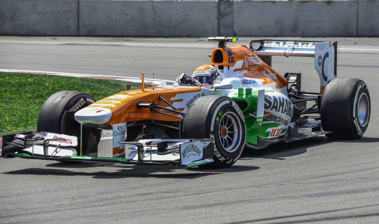 Sahara Force India Adrian Sutil of Germany in the hairpin corner, during the F1 Grand Prix race at the Circuit Gilles Villeneuve in Montreal on June 9, 2013 during the Canadian Formula One Grand Prix.     AFP PHOTO / ROGERIO BARBOSAROGERIO BARBOSA/AFP/Getty Images