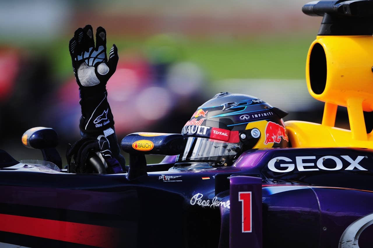 MONTREAL, QC - JUNE 09:  Sebastian Vettel of Germany and Infiniti Red Bull Racing celebrates after winning the Canadian Formula One Grand Prix at the Circuit Gilles Villeneuve on June 9, 2013 in Montreal, Canada.  (Photo by Shaun Botterill/Getty Images)