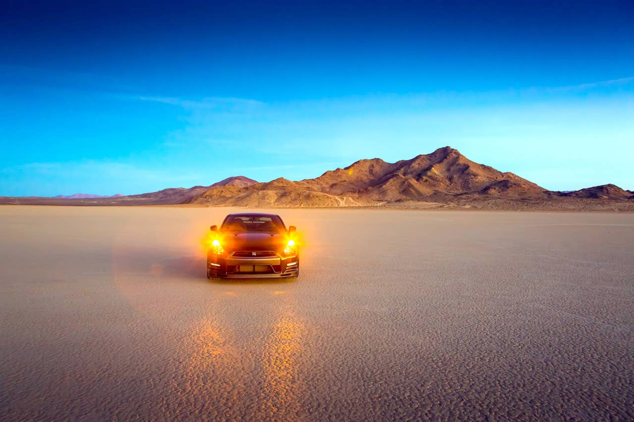 2014 Nissan GT-R Track Edition with lights on