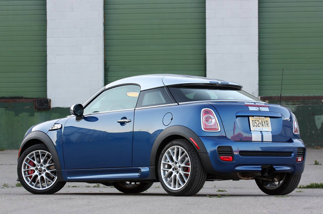 2012 Mini John Cooper Works Coupe rear 3/4 view