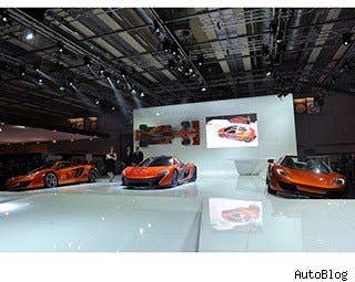 McLaren's stand at the Paris Auto Show, where they lined up three sexy beasts in a row.