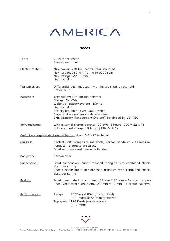 venturi america specs
