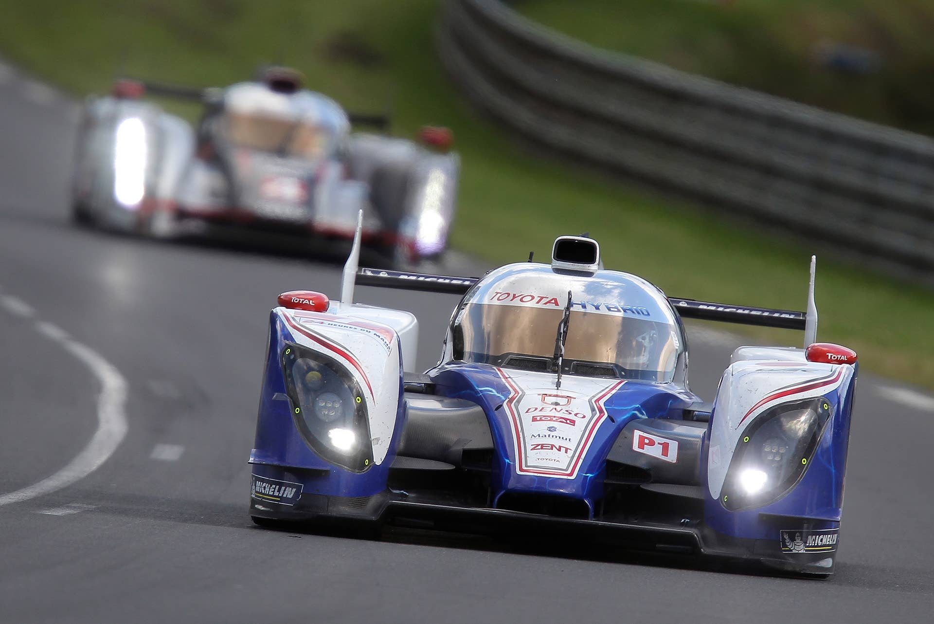 The Toyota Hybrid No7 driven by Alexander Wurz of Austria, Nicolas Lapierre of France and Kazuki Nakajima of Japan is seen in action during the 80th 24-hour Le Mans endurance race, in Le Mans, western France, Saturday, June 16, 2012. (AP Photo/David Vincent)
