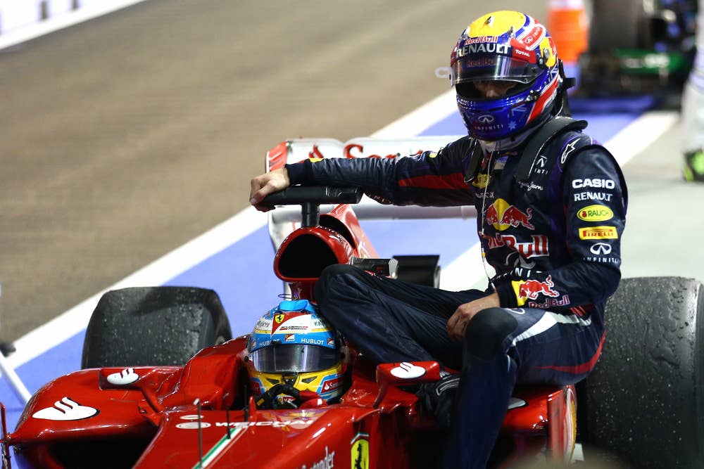 SINGAPORE - SEPTEMBER 22:  of Spain and Ferrari after his engine blew up during the Singapore Formula One Grand Prix at Marina Bay Street Circuit on September 22, 2013 in Singapore, Singapore.