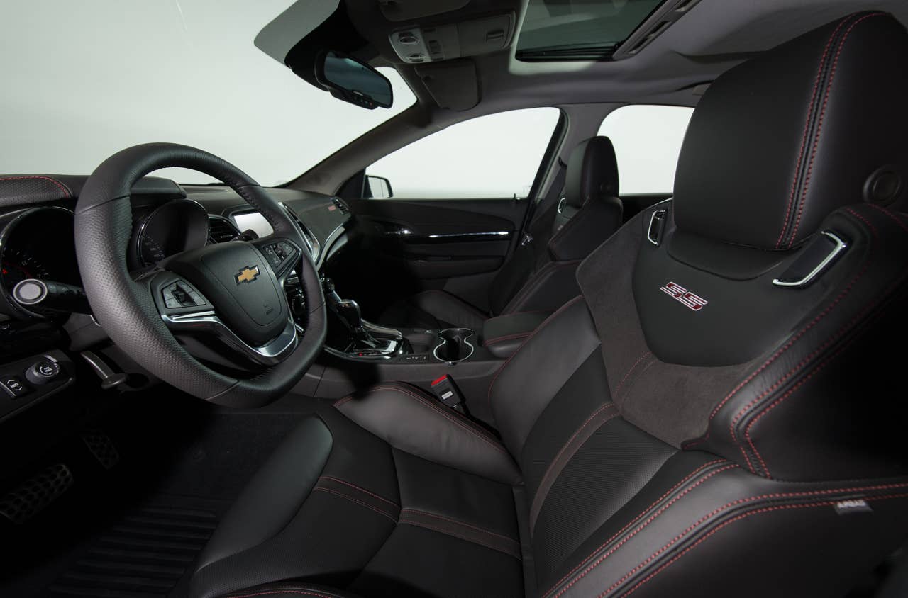 The 2014 Chevrolet SS is Chevrolet's first V-8, rear-wheel-drive performance sedan in almost 20 years. The interior of the SS comfortably accommodates five adults. Leather seats are standard, as are eight-way power adjustable front bucket seats with additional side bolstering that hug the driver and front passenger in tight-handling situations. The Chevrolet SS also features Chevrolet MyLink, push-button start, forward Collision Alert, Lane Departure Warning and Side Blind Zone Alert. (Photo by Steve Fecht for Chevrolet)