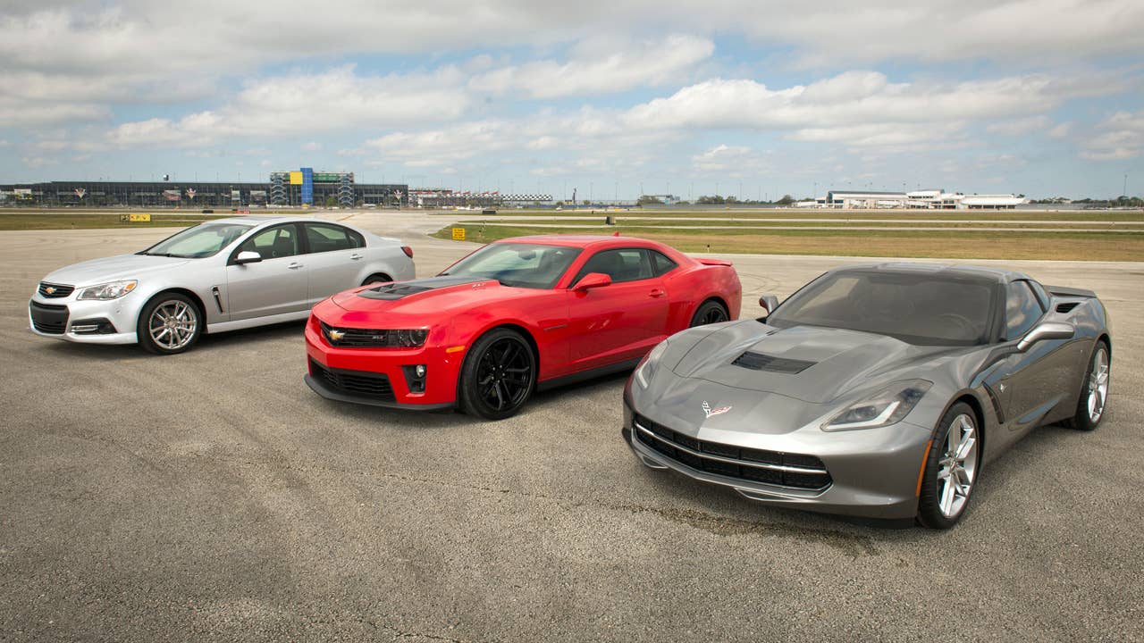The Chevrolet trio of performance vehicles (l to r): 2014 Chevrolet SS, 2013 Camaro ZL1 and the 2014 Corvette Stingray outside the Daytona International Speedway Friday, February 15, 2013 in Daytona Beach, Florida.  (Photo by Steve Fecht for Chevrolet)