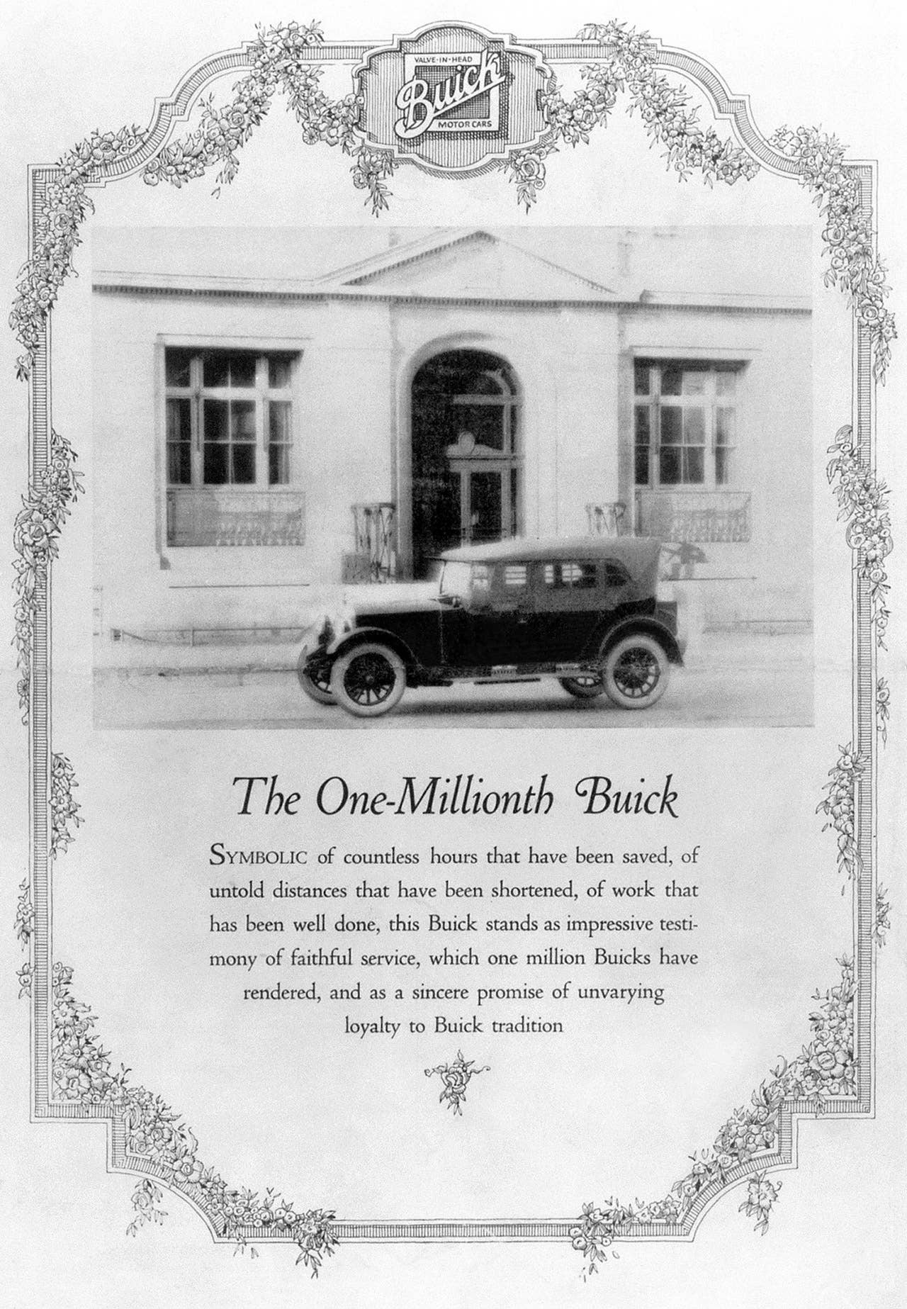 To date, Buick has produced more than 43 million vehicles. The first million took two decades, with the milestone touring sedan shown here rolling off the line in 1923.