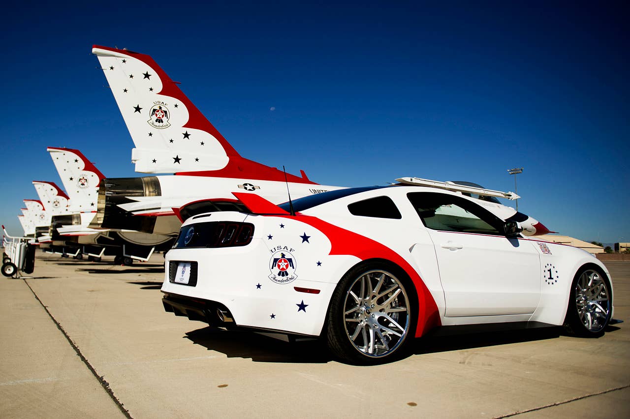 The engineering and design teams at Ford Motor Company have produced a unique U.S. Air Force Thunderbirds Edition 2014 Ford Mustang GT. This car will be donated by Ford to be sold at the Gathering of Eagles charity event on Thursday, Aug. 1 during the Experimental Aircraft Association (EAA) AirVenture Oshkosh 2013 - the World's Greatest Aviation Celebration. (07/01/2013)