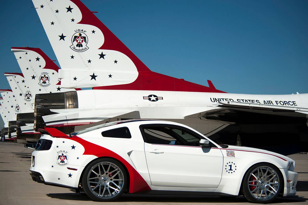 The engineering and design teams at Ford Motor Company have produced a unique U.S. Air Force Thunderbirds Edition 2014 Ford Mustang GT. This car will be donated by Ford to be sold at the Gathering of Eagles charity event on Thursday, Aug. 1 during the Experimental Aircraft Association (EAA) AirVenture Oshkosh 2013 - the World's Greatest Aviation Celebration. (07/01/2013)