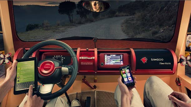 Rinspeed tapped HTC and Harmann to create the ultimate connected interior and the results are… umm… a bit scattershot. Two main displays are mounted on the dash – one for the driver and another for the passenger – but both are mainly there to serve the rest of the devices the BamBoo's passengers bring on board. While the execution isn't attractive, the principle behind it is sound: the world of consumer electronics moves considerably faster than the automotive realm, so tethering to your shiny new phone or tablet is a better solution than upgrading your stereo every year.