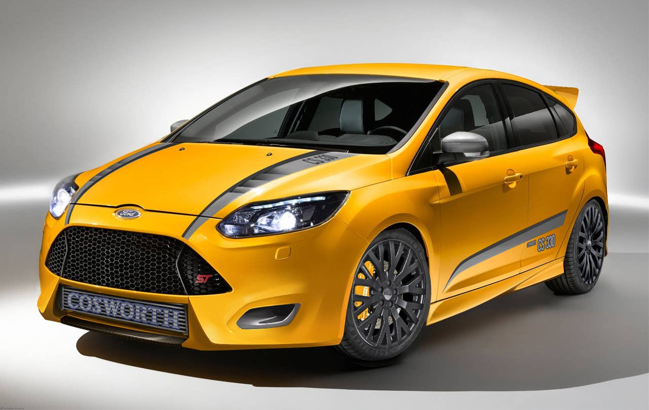 Why it's cool: The M&J team formulated a partnership between Ford, Cosworth LLC and Ford Racing to boost Focus ST power by more than 30 percent, and torque by almost 20 percent. Ford Racing engine and suspension modifications combined with Cosworth specified wheels and tires to put 330 horsepower to the pavement. The Tangerine Scream finish and subtle graphics signal an appreciative nod to an authentic motorsports heritage. (10/15/12)