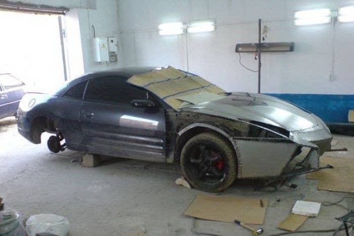 Mitsubishi Eclipse turned Lamborghini Aventador from the side in construction