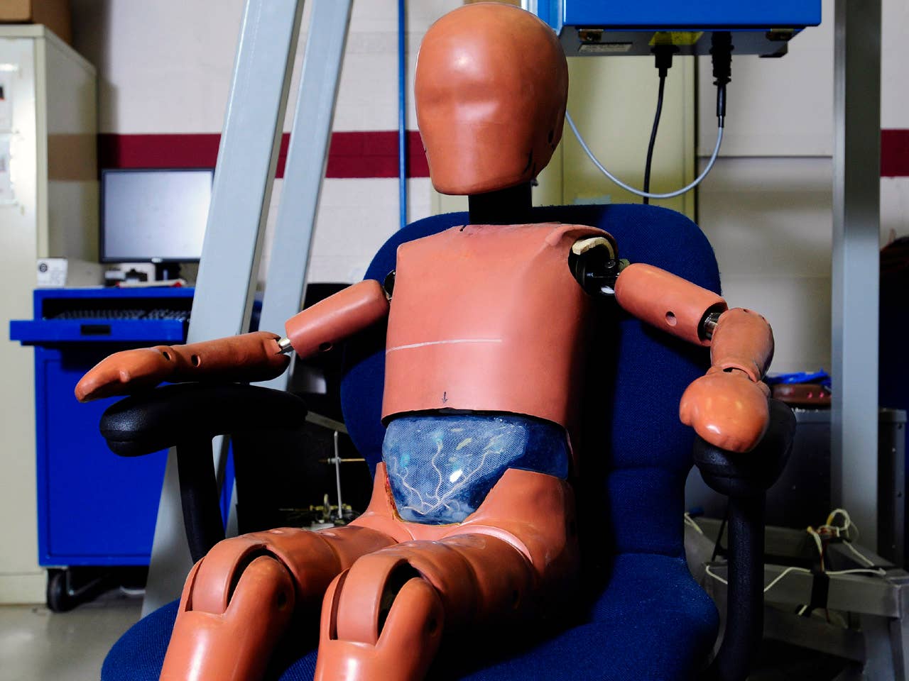 Pediatric Crash Dummy: The prototype pediatric abdomen insert is similar in size and shape to that of a 6-year-old child and is made of multiple layers of liquid silicone that, when solidified, forms a tough silicone shell. Inside is a set of electrodes immersed in a conductive fluid that comprise the sensors for the abdomen - six electrodes at the front of the abdomen and one reference electrode at the back. (05/21/08)