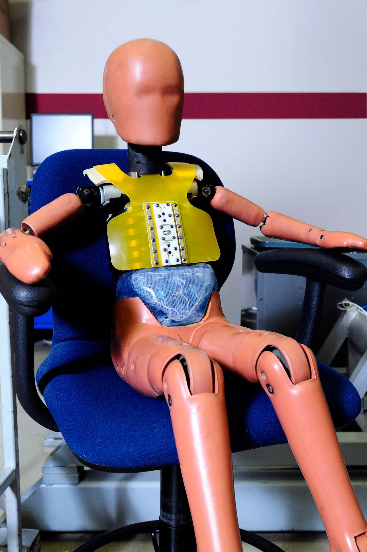 Pediatric Crash Dummy: The prototype pediatric abdomen insert is similar in size and shape to that of a 6-year-old child and is made of multiple layers of liquid silicone that, when solidified, forms a tough silicone shell. Inside is a set of electrodes immersed in a conductive fluid that comprise the sensors for the abdomen - six electrodes at the front of the abdomen and one reference electrode at the back. (05/21/08)