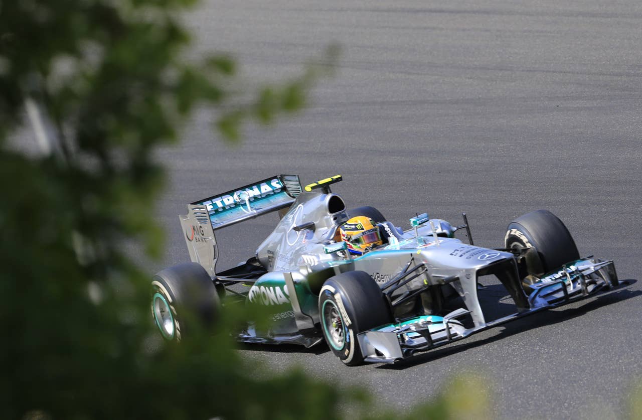 Mercedes'  British driver Lewis Hamilton drives at the Hungaroring circuit in Budapest on July 28, 2013 during the Hungarian Formula One Grand Prix. AFP PHOTO / ALEXANDER KLEINALEXANDER KLEIN/AFP/Getty Images