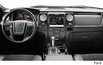 The Tremor's interior features twin bucket seats flanking a flow-through center console with a console shifter for the transmission. The seats are trimmed in black leather and bright red piping, with grippy faux suede Alcantara seat inserts. Brushed metal accents and a red-stitched steering wheel help brighten up the interior a bit, too. Also standard are Ford's MyFord Touch and SYNC infotainment/connectivity systems.  Want options? Too bad. The Tremor comes with only one one set of features.
