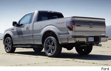 The F-150 Tremor shakes things up on the outside with sporty styling elements such as HID projector headlamps with darkened bezels, body-color bumpers, flat black grille and accents, and fog lamps. It will only be available as a short-cab, short-bed body style with running boards to help you get in and out of the truck, and will wear stylized body graphics and black badges with red lettering.  The Tremor rides on unique, six-spoke 20-inch flat-black wheels with white-letter tires for a look that's a little bit rugged and a little bit NASCAR, and we think it really works.