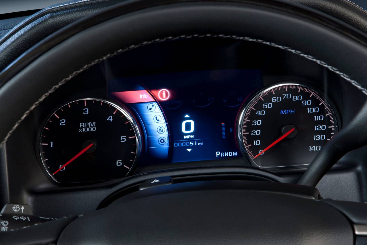 2014 GMC Sierra Denali unique high-tech interior features an exclusive 8-inch reconfigurable instrument cluster with high-resolution graphics that can display relevant settings, audio and navigation information.