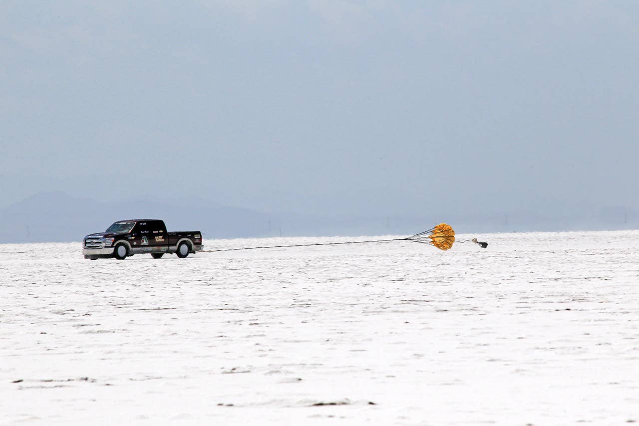 Brent Hajek of Hajek Motorsport's can be seen pulling his parachute during the record attempt. The parachute is definitely a must have feature when running between 130-185 mph.
