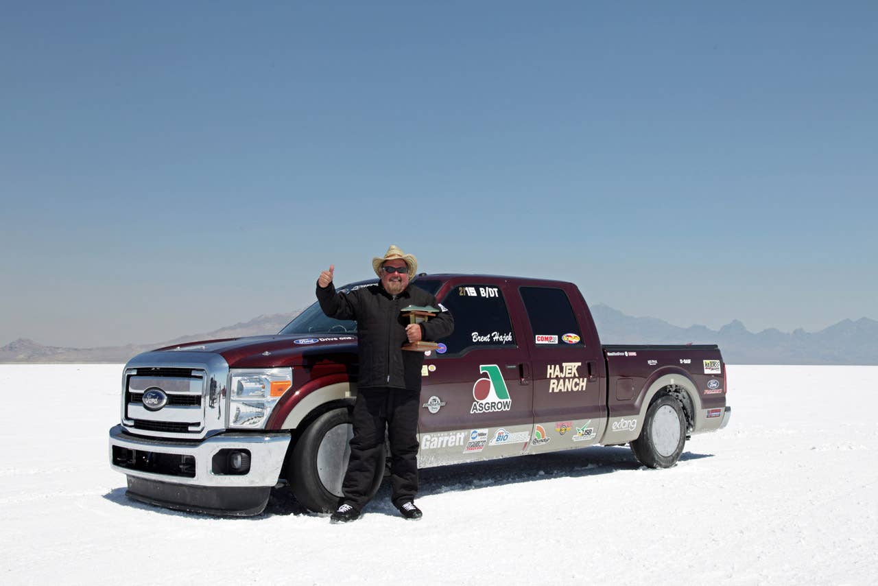 Brent Hajek and his nearly-stock F-250 Super Duty set the new B Production Diesel Truck land speed record with a speed of 167.300 mph.