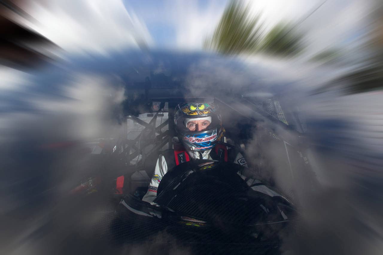 Cadillac Racing, SCCA Pro Racing World Challenge, Mid-Ohio Sports Car Course, Lexington, Ohio, August 5-7, 2011. CTS-V #8 driver Andy Pilgrim shows the intense concentration that's helped him win multiple championships over a long and storied professional racing career (Richard Prince/Cadillac Racing Photo).