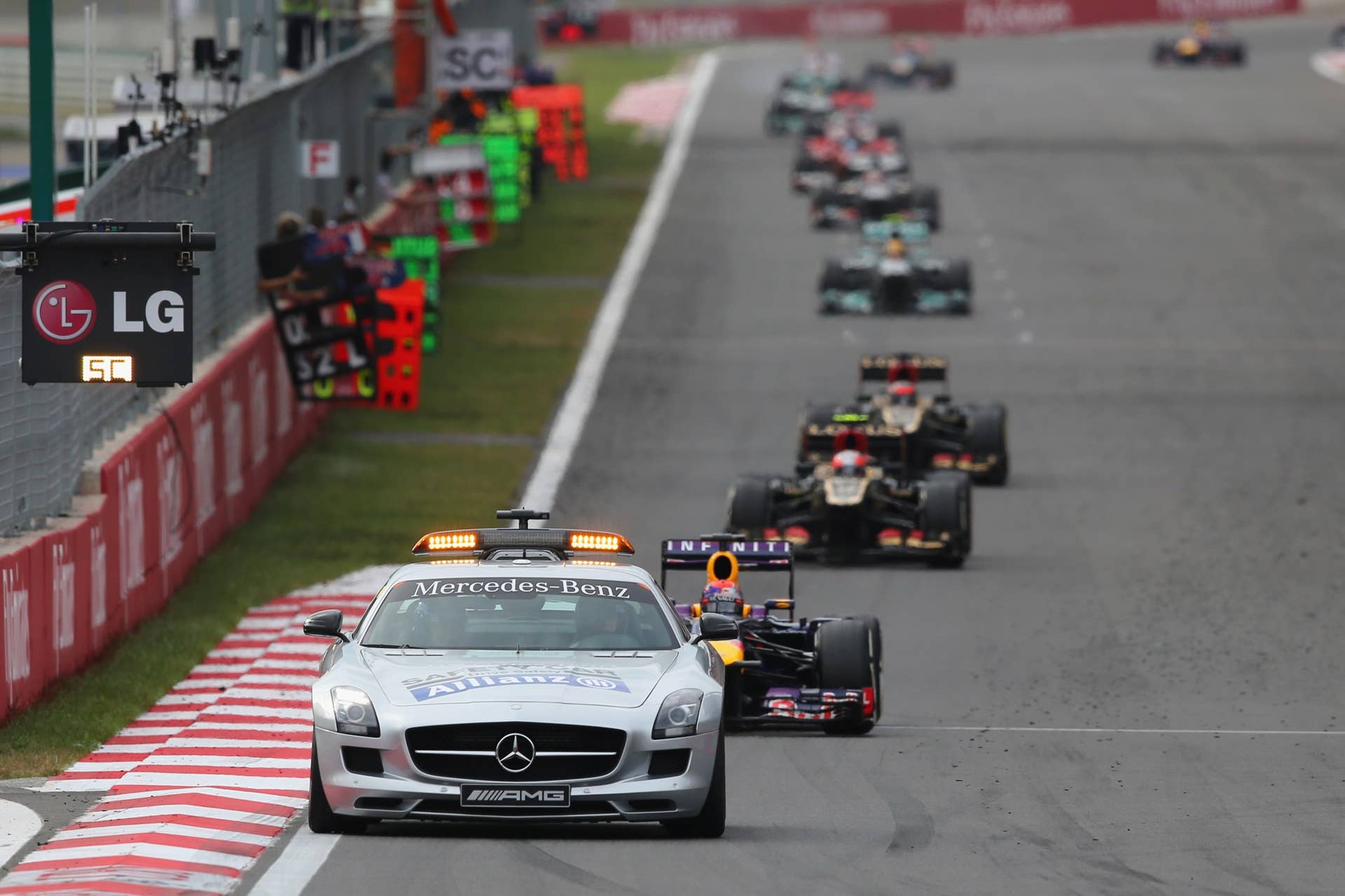 YEONGAM-GUN, SOUTH KOREA - OCTOBER 06:  The safety car is deployed during the Korean Formula One Grand Prix at Korea International Circuit on October 6, 2013 in Yeongam-gun, South Korea.  (Photo by Clive Rose/Getty Images)