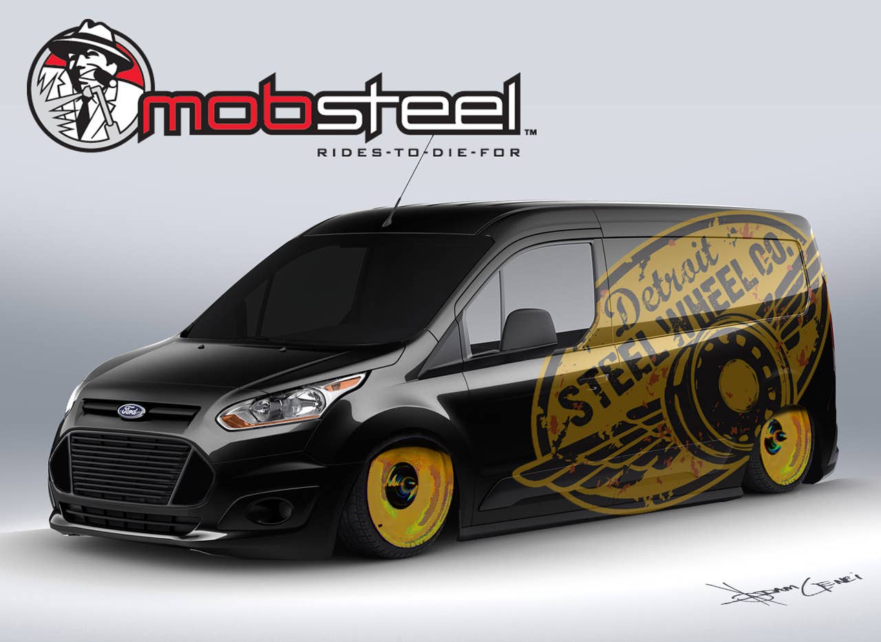 Mobsteel created the ultimate mobile billboard – a chopped and lowered Transit Connect cargo van promoting what Detroit Steel Wheel Company does best