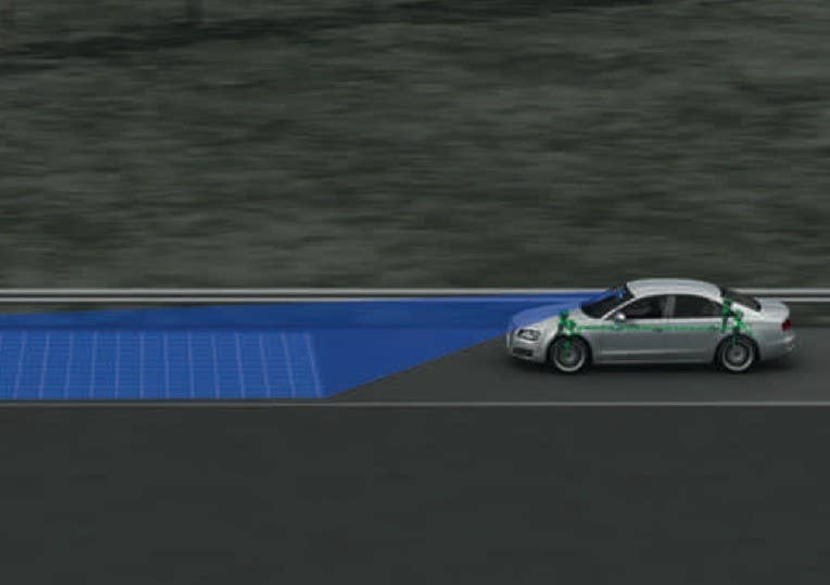 Predictive Suspension Mercedes-Benz gave us a taste of this technology last year utilizing a series of cameras and lasers to detect the road surfaces ahead and then adjust the suspension to soak up the ruts and bumps. Audi won't be left behind and plans to utilize a similar camera-based system that will subtly alter the adaptive dampers by scanning the road 20 meters ahead. In addition to a stereo camera mounted ahead of the rearview mirror, Audi plans to incorporate"photo-mixed detectors" (PMD) that rely on both radar and laser systems. ETA: Same as the new Multitouch system, we expect this adaptive suspension to arrive in the next A8.