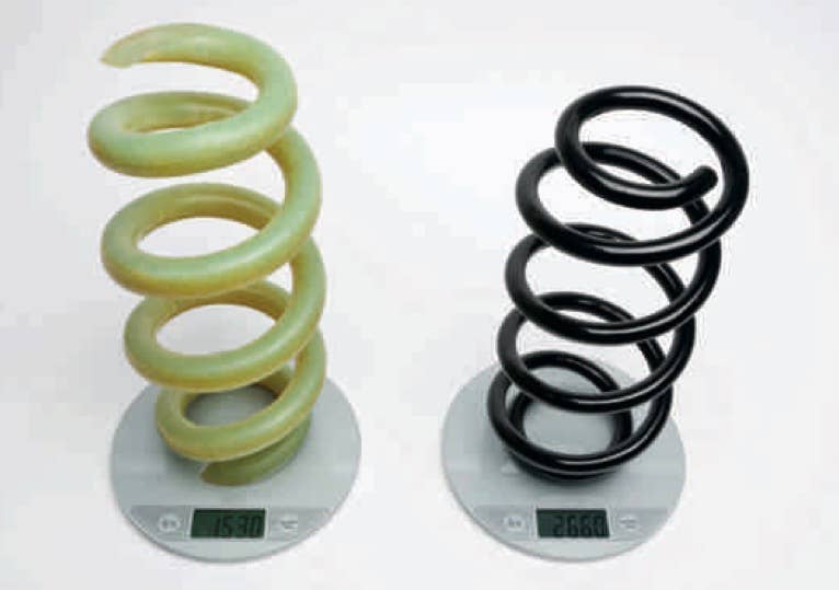 FRP Coil Springs    Reducing unsprung mass improves both handling and ride comfort, so anything that can be done to remove weight from within the wheel arches is worth exploring. And one area that hasn't seen much innovation is the standard coil spring.  That's about to change with the introduction of the fiberglass reinforced plastic (FRP) spring, which replaces the usual steel springs for a weight savings of more than 40 percent.  Audi is developing a technique for creating these FRP springs that involves a fiberglass helix baked together with an epoxy resin, followed by a metal alloy wire that's woven into the spring. The process is actually quicker than the traditional method of creating a steel spring and the result isn't just a lighter spring, but a stronger one.  ETA: The first application will be in the 2012 Audi R8 e-tron, with mass adoption coming the following year.