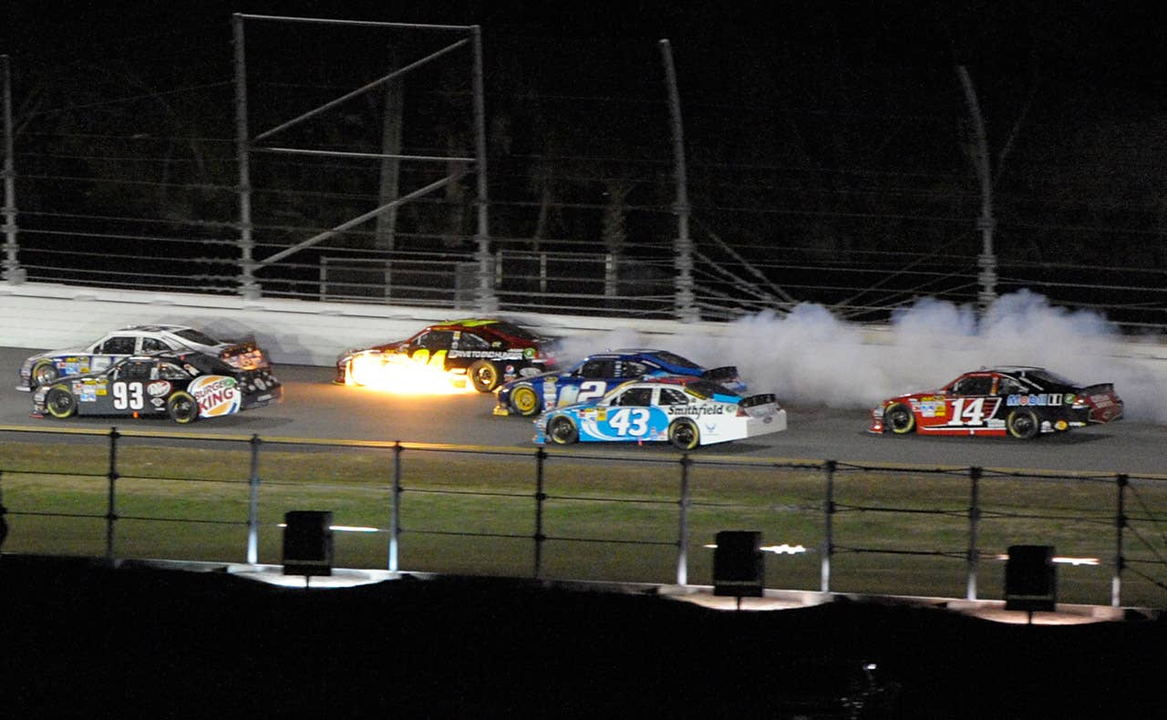 Jeff Gordon (24) hits the wall during the NASCAR Daytona 500 auto race at Daytona International Speedway in Daytona Beach, Fla., Monday, Feb. 27, 2012. (AP Photo/Phelan M. Ebenhack)