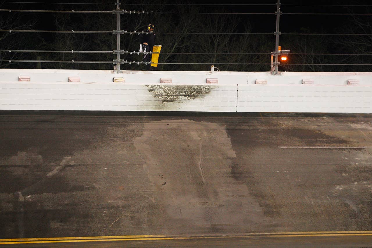 DAYTONA BEACH, FL - FEBRUARY 27:  A detailed view of the patch on the track put in place by safety crews after a jet dryer burst into flames after Juan Pablo Montoya, driver of the #42 Target Chevrolet, lost control of his car under caution and hit the dryer during the NASCAR Sprint Cup Series Daytona 500 at Daytona International Speedway on February 27, 2012 in Daytona Beach, Florida.  (Photo by Chris Graythen/Getty Images)