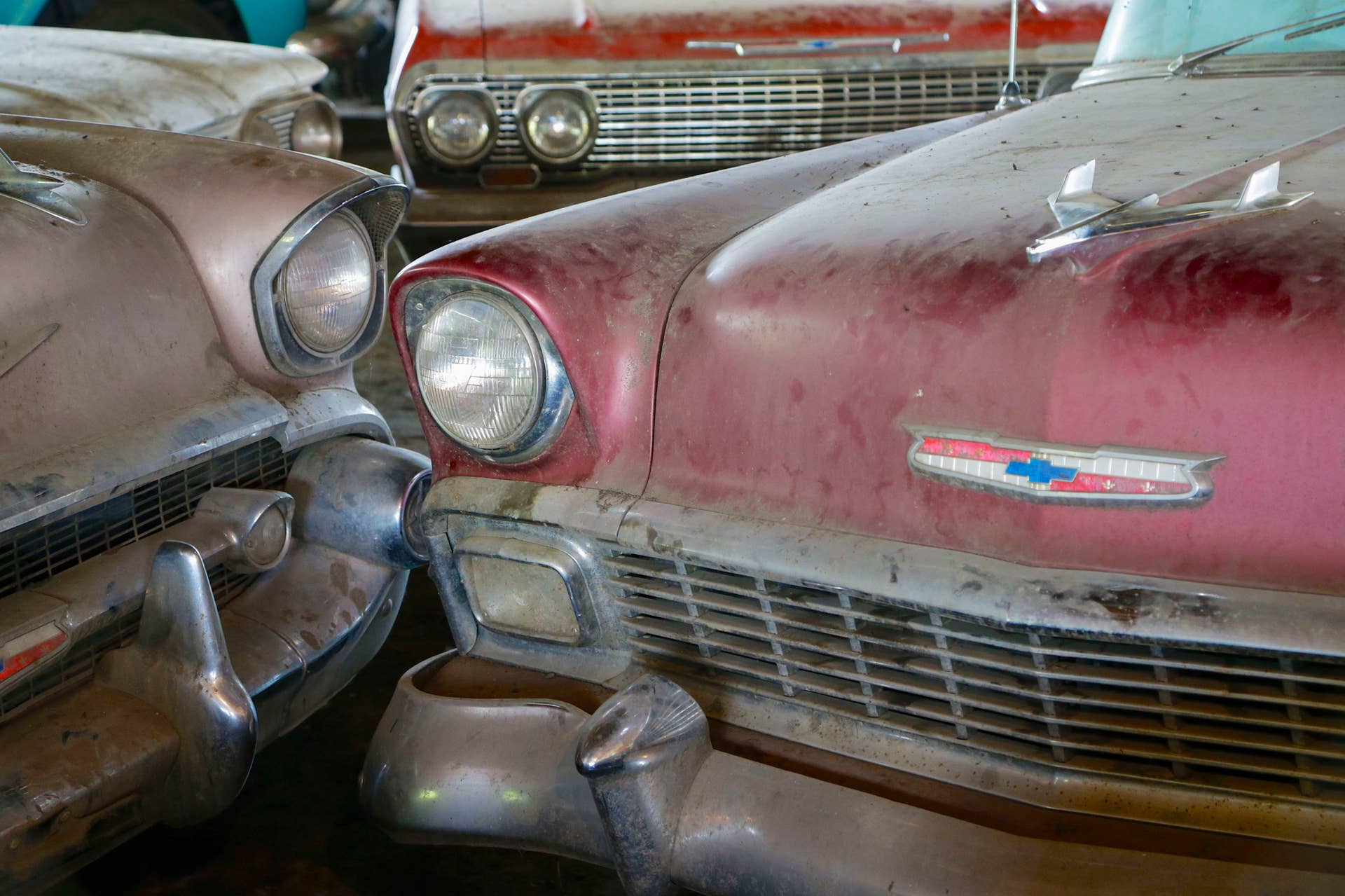 In this Aug. 12, 2013 photo, old Chevrolet automobiles, including a 1956 Chevrolet Bel Air, right, are seen at the showroom of the former Lambrecht Chevrolet car dealership in Pierce, Neb. Next month, bidders from at least a dozen countries and all 50 U.S. states will converge on Pierce, a town of about 1,800 in northeast Nebraska, for a two-day auction that will feature about 500 old cars and trucks, mostly Chevrolets that went unsold during the dealership?s five decades in business. About 50 have fewer than 20 miles on the odometer, and some are so rare that no one has established a price. The most valuable could fetch six-figure bids. (AP Photo/Nati Harnik)