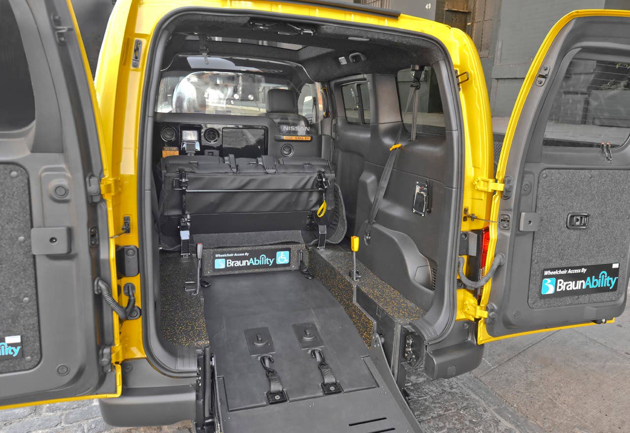 NEW YORK (Mar. 27, 2013)  As Nissans innovative NV200 taxi gets ready to take to the streets of New York City this coming fall, another crucial part of the Taxi of Tomorrow program was unveiled today at the New York International Auto Show  the wheelchair accessible NV200 Mobility NY Taxi. Working in conjunction with BraunAbility, the Indiana-based market leader in wheelchair accessible vehicles and wheelchair lifts, the Nissan NV200 Mobility Taxi features a rear-entry ramp and an industry-first integrated restraint system that provides safe and quick securement of wheelchairs.