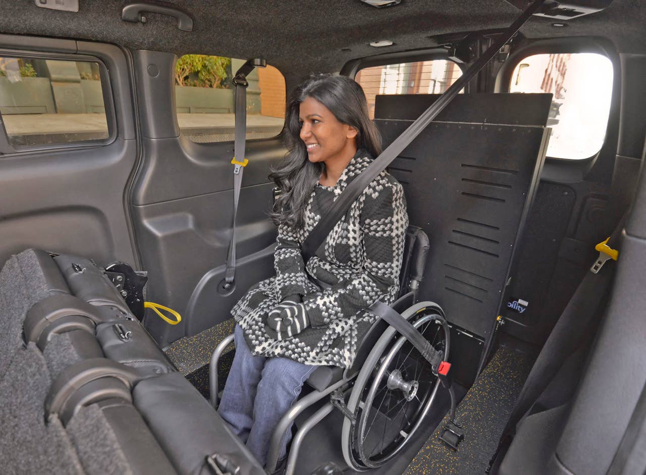 NEW YORK (Mar. 27, 2013)  As Nissans innovative NV200 taxi gets ready to take to the streets of New York City this coming fall, another crucial part of the Taxi of Tomorrow program was unveiled today at the New York International Auto Show  the wheelchair accessible NV200 Mobility NY Taxi. Working in conjunction with BraunAbility, the Indiana-based market leader in wheelchair accessible vehicles and wheelchair lifts, the Nissan NV200 Mobility Taxi features a rear-entry ramp and an industry-first integrated restraint system that provides safe and quick securement of wheelchairs.