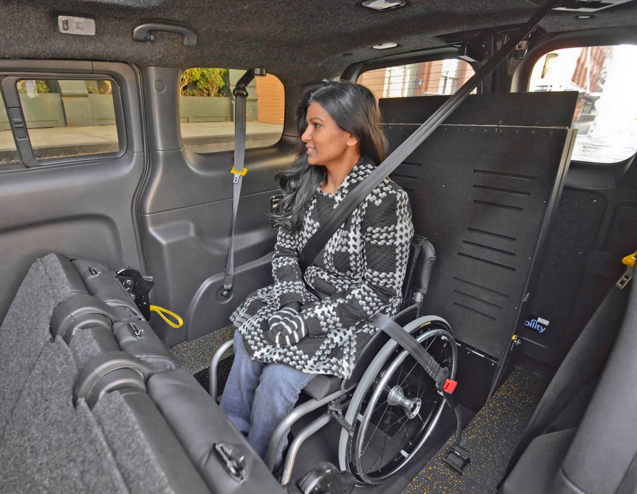 NEW YORK (Mar. 27, 2013)  As Nissans innovative NV200 taxi gets ready to take to the streets of New York City this coming fall, another crucial part of the Taxi of Tomorrow program was unveiled today at the New York International Auto Show  the wheelchair accessible NV200 Mobility NY Taxi. Working in conjunction with BraunAbility, the Indiana-based market leader in wheelchair accessible vehicles and wheelchair lifts, the Nissan NV200 Mobility Taxi features a rear-entry ramp and an industry-first integrated restraint system that provides safe and quick securement of wheelchairs.