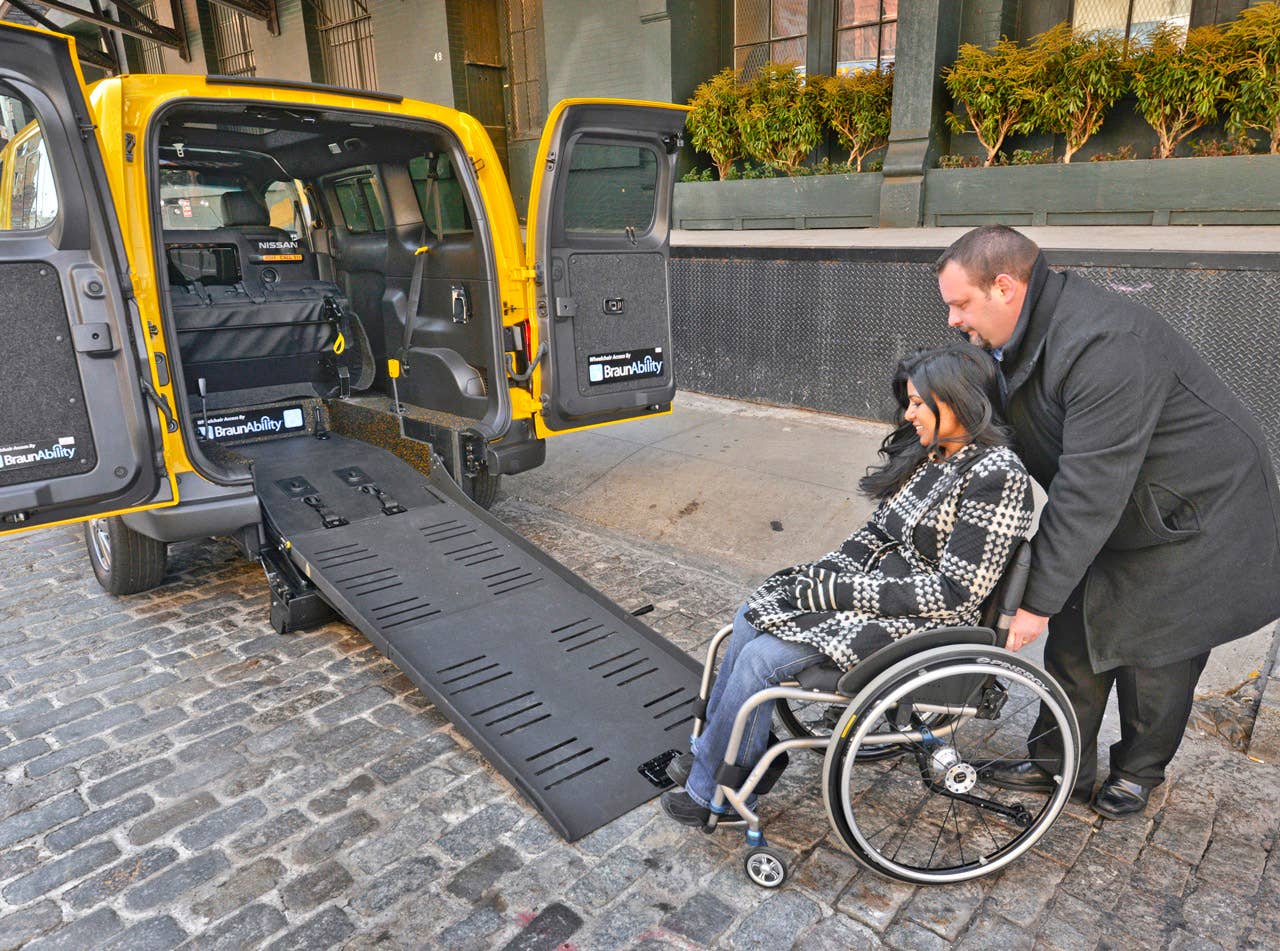 NEW YORK (Mar. 27, 2013)  As Nissans innovative NV200 taxi gets ready to take to the streets of New York City this coming fall, another crucial part of the Taxi of Tomorrow program was unveiled today at the New York International Auto Show  the wheelchair accessible NV200 Mobility NY Taxi. Working in conjunction with BraunAbility, the Indiana-based market leader in wheelchair accessible vehicles and wheelchair lifts, the Nissan NV200 Mobility Taxi features a rear-entry ramp and an industry-first integrated restraint system that provides safe and quick securement of wheelchairs.