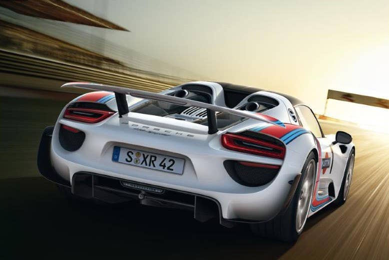 Porsche 918 Spyder brochure showing the Martini Livery rear 3/4